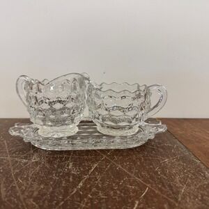 Vintage Cubist Clear Glass Cream‎ and Sugar with serving platter tray